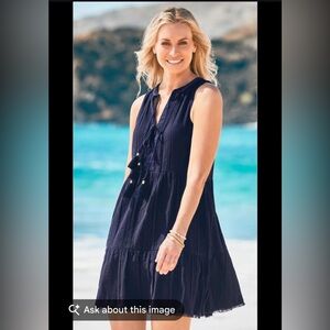 Tommy Bahama 100% Cotton Tiered Gauze Navy Tassel Sleeveless Mykonos Dress M